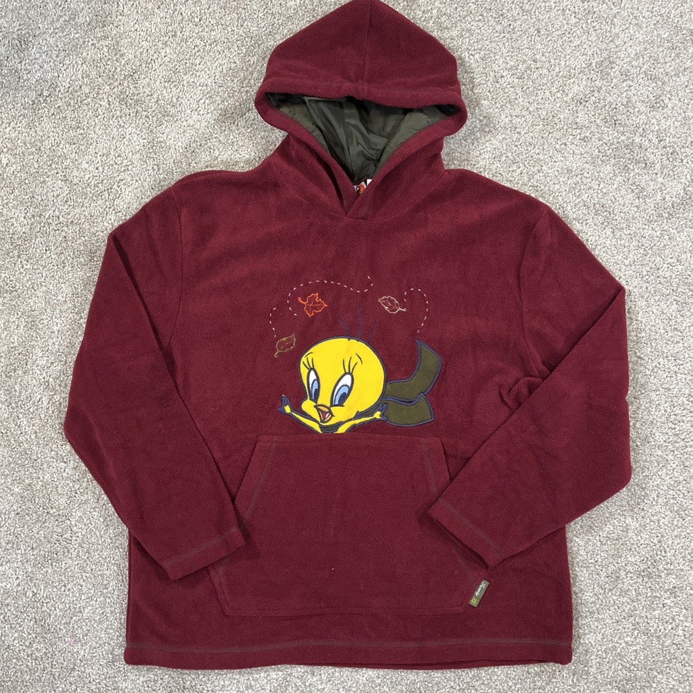 VTG Looney Tunes Tweety Hoodie Maroon S Embroidered Leaves Fall Warner‎ Bros